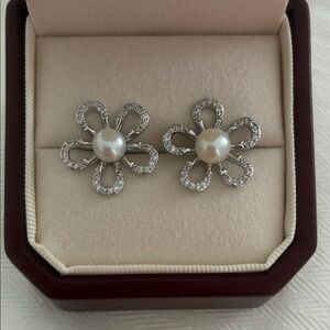 Silver Flower Pearl Earrings | Sterling Silver Posts | Holiday Gift for Her